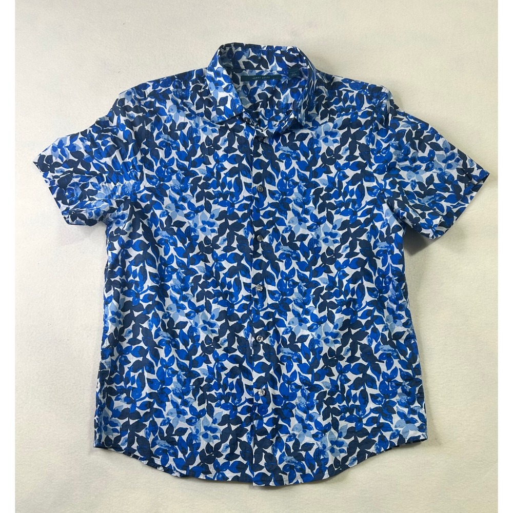 Perry Ellis Mens Large Blue White Floral Leaf Print Short Sleeve Button Up Shirt